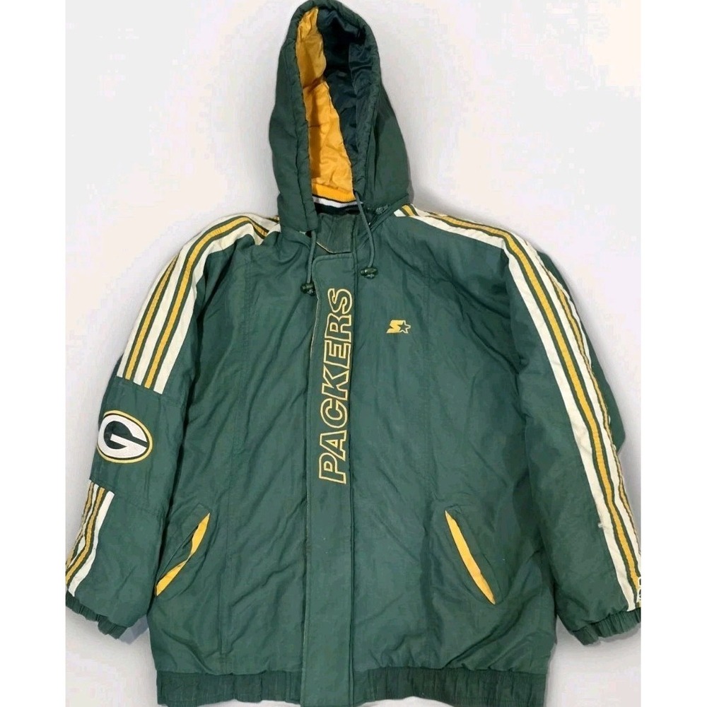 Vintage Green Bay Packers Puffer Jacket Men's XL Hooded NFL Small Tear Sleeve